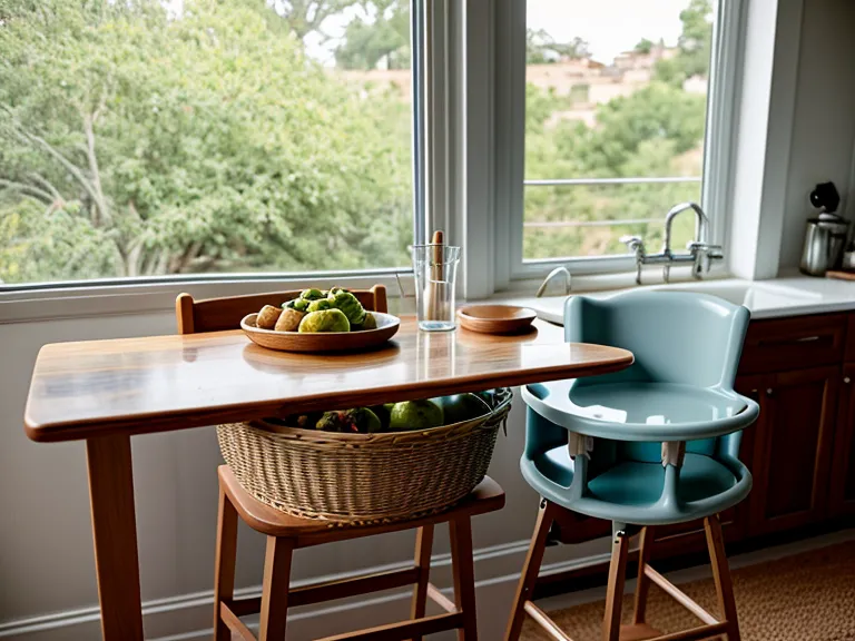Silla alta de bebé con restos de comida y babero de silicona tras la comida.