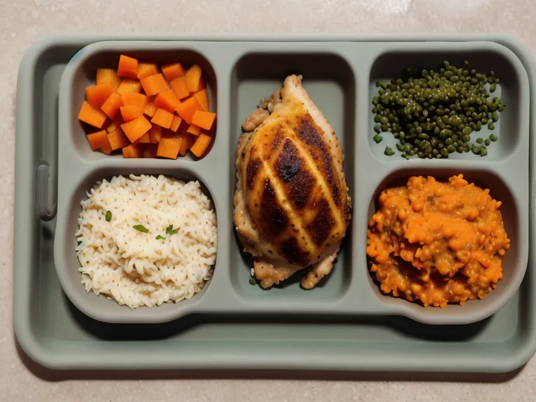Plato de silicona con lentejas y pollo sazonados con hierbas, recetas para bebé con especias suaves