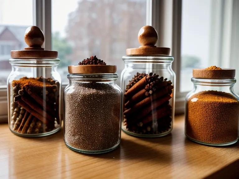 Frascos de especias para bebés en una cocina mexicana con canela esparcida sobre la mesa