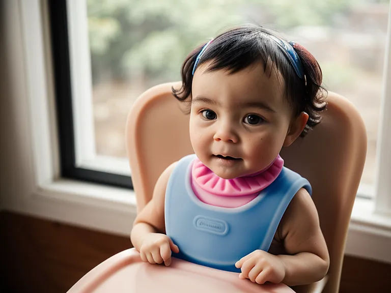 Babero de silicona con bolsillo rígido chocando contra la bandeja de la trona durante el baby-led weaning
